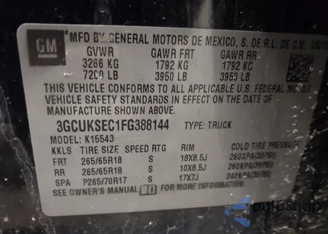 2015 Chevrolet Silverado 1500 2Lz z USA, uszkodzony, nr VIN 3GCUKSEC1FG388144